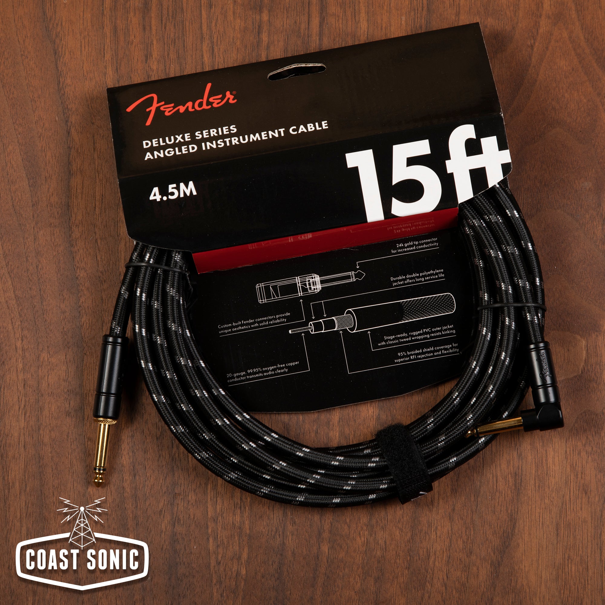 Fender Deluxe Series Instrument Cable- 15' Black Tweed ST/ANG