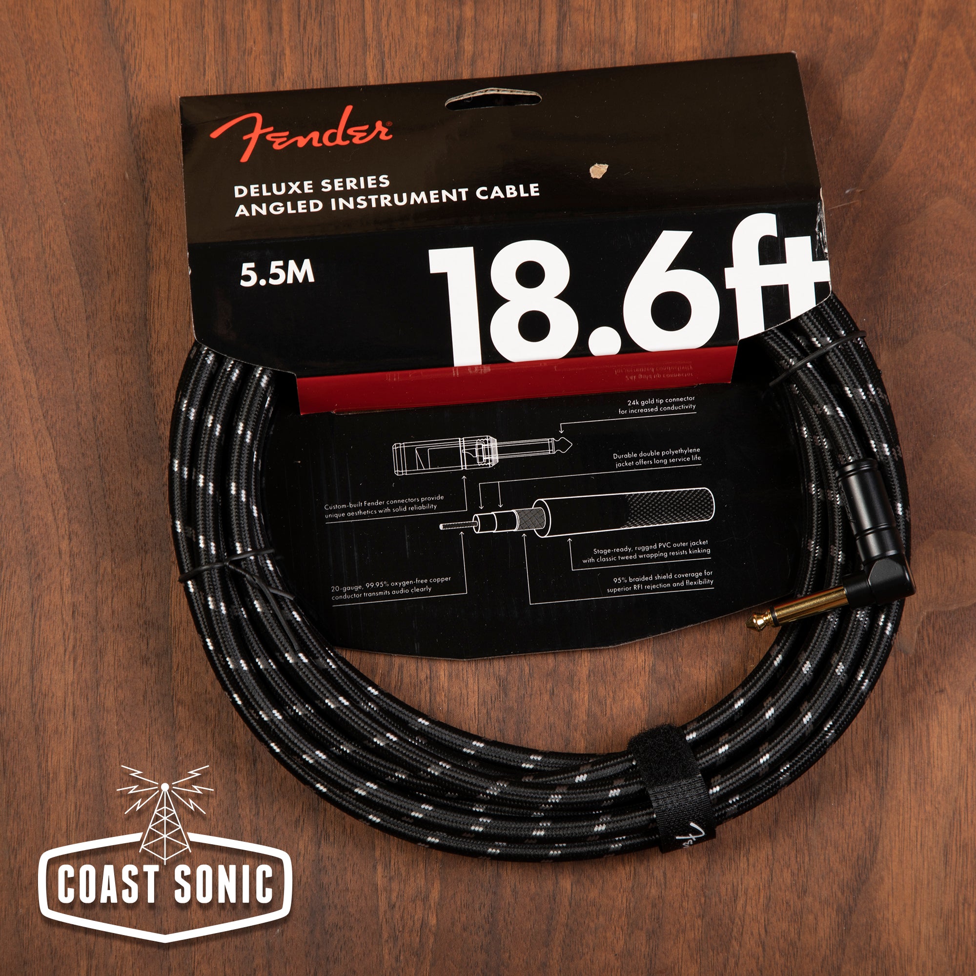 Fender Deluxe Series Instrument Cable- 18.6' Black Tweed ST/ANG